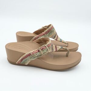 Aetrex Tan Wedge Sandals with Multicolor Braided Straps